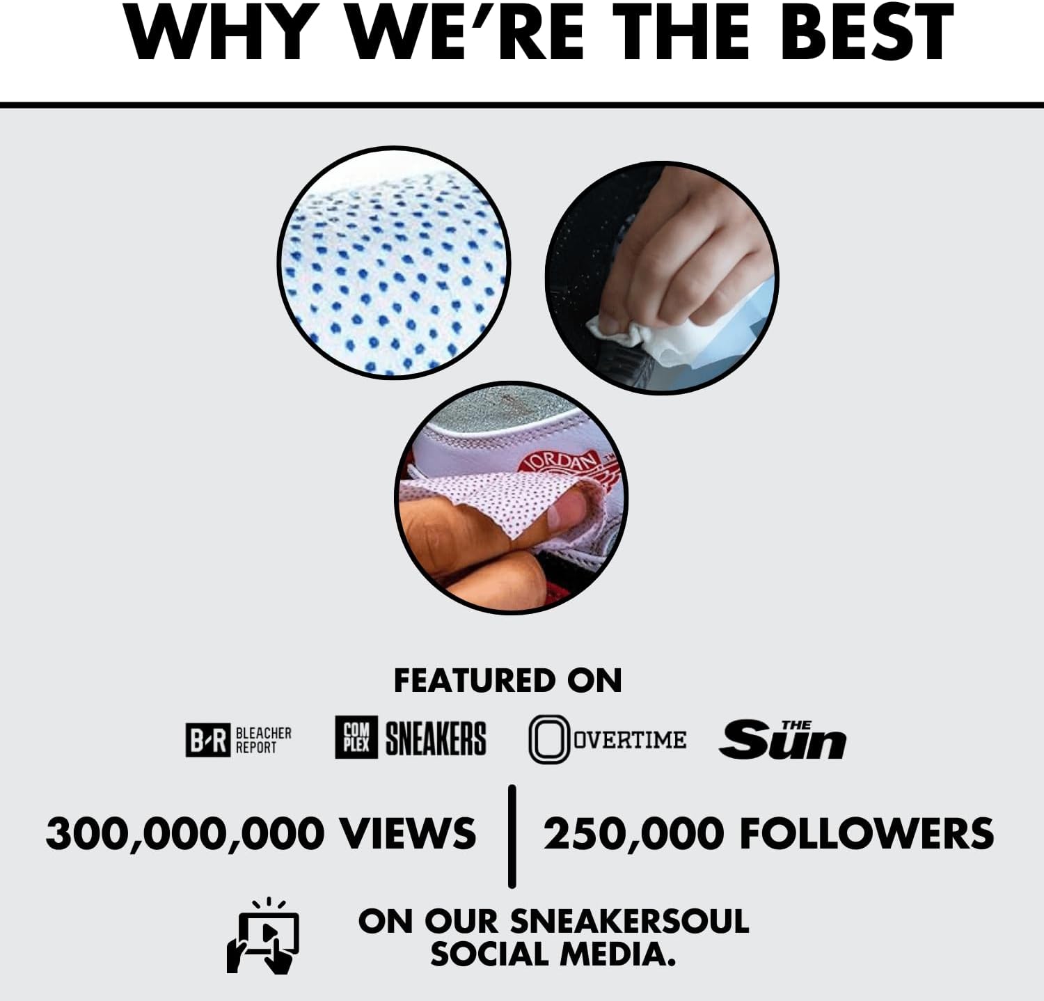 Three seals indicating trust, free shipping, and guarantee, with 'SNEAKERSOUL' written below.