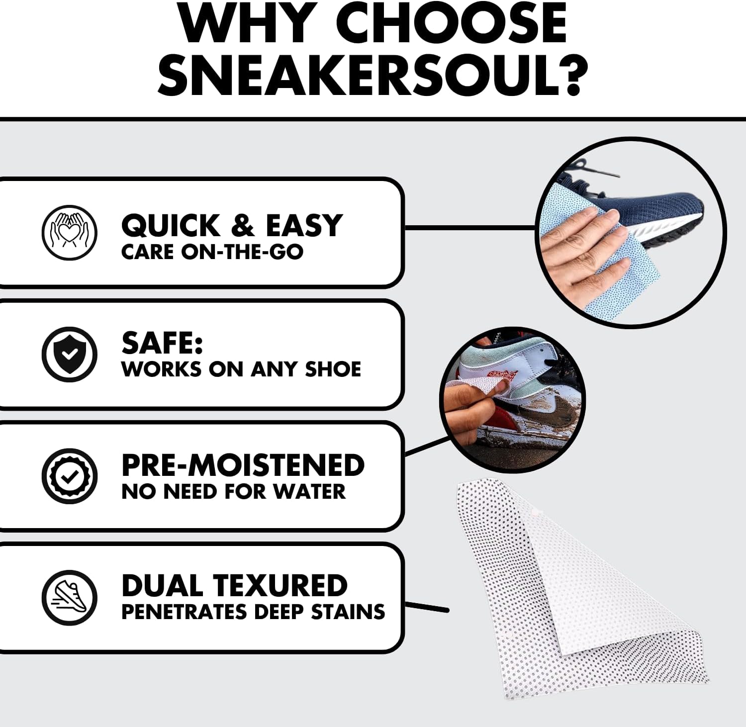 Three seals indicating trust, free shipping, and guarantee, with 'SNEAKERSOUL' written below.