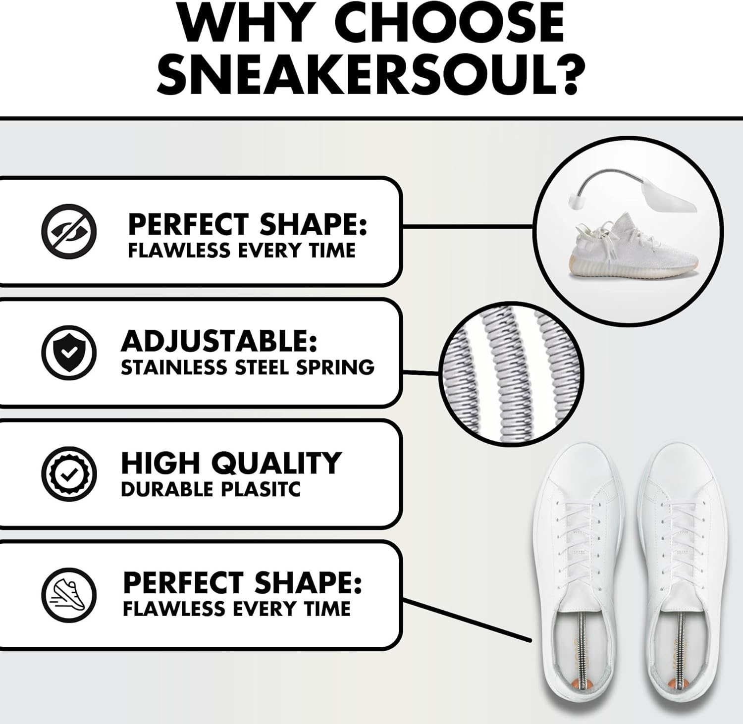 Three seals indicating trust, free shipping, and guarantee, with 'SNEAKERSOUL' written below.