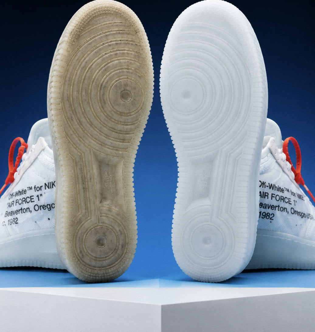 Two Off-White Air Force 1 soles side by side after 60 days of wear — the unprotected one yellowed and dirty, the SneakerSoul-protected one still factory icy white