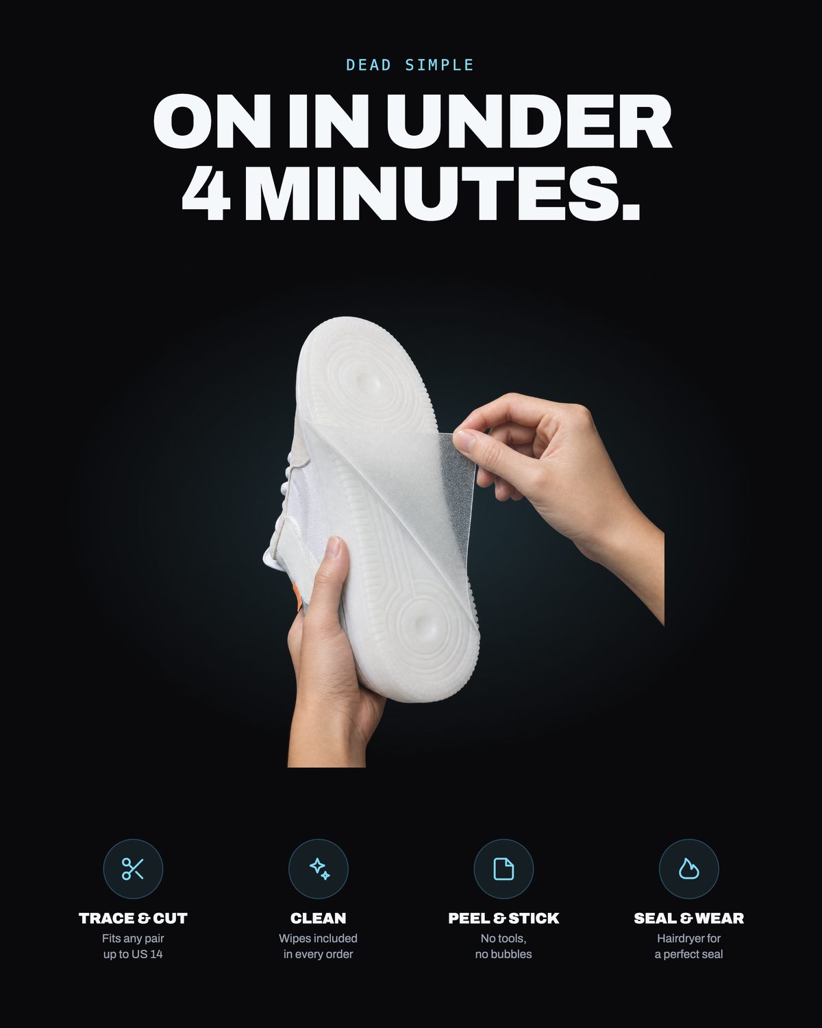 Hands peeling a SneakerSoul protector off an Air Force 1 outsole in under four minutes, leaving zero residue