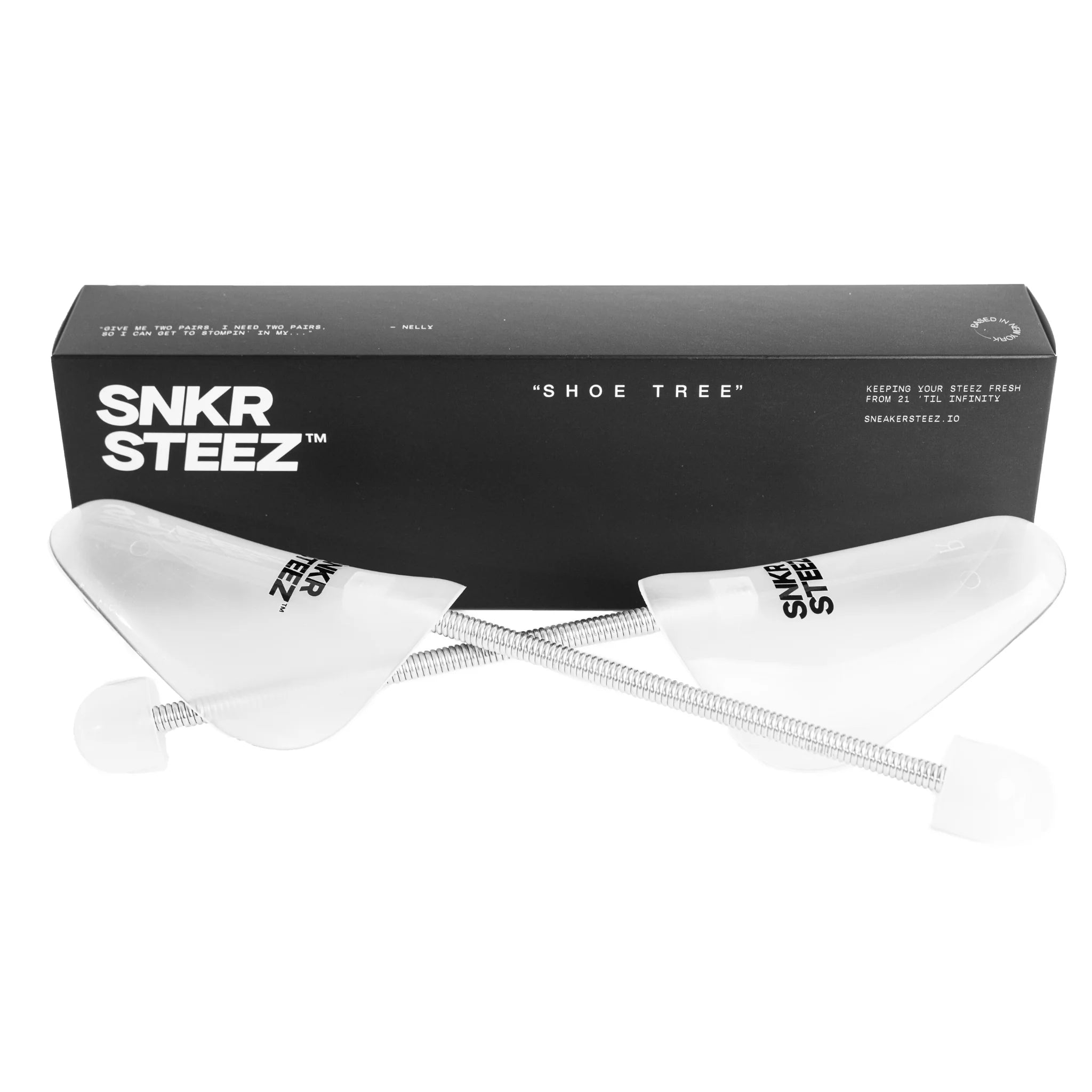 Plastic adjustable shoe tree with a black box labeled 'SNKR STEEZ' on a white background.
