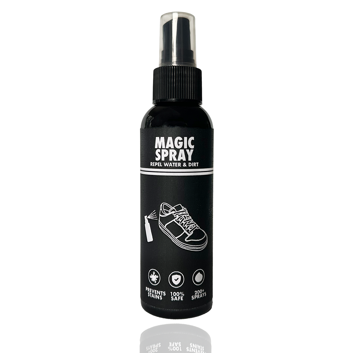 Black spray bottle labeled 'MAGIC SPRAY' for repelling water and dirt.